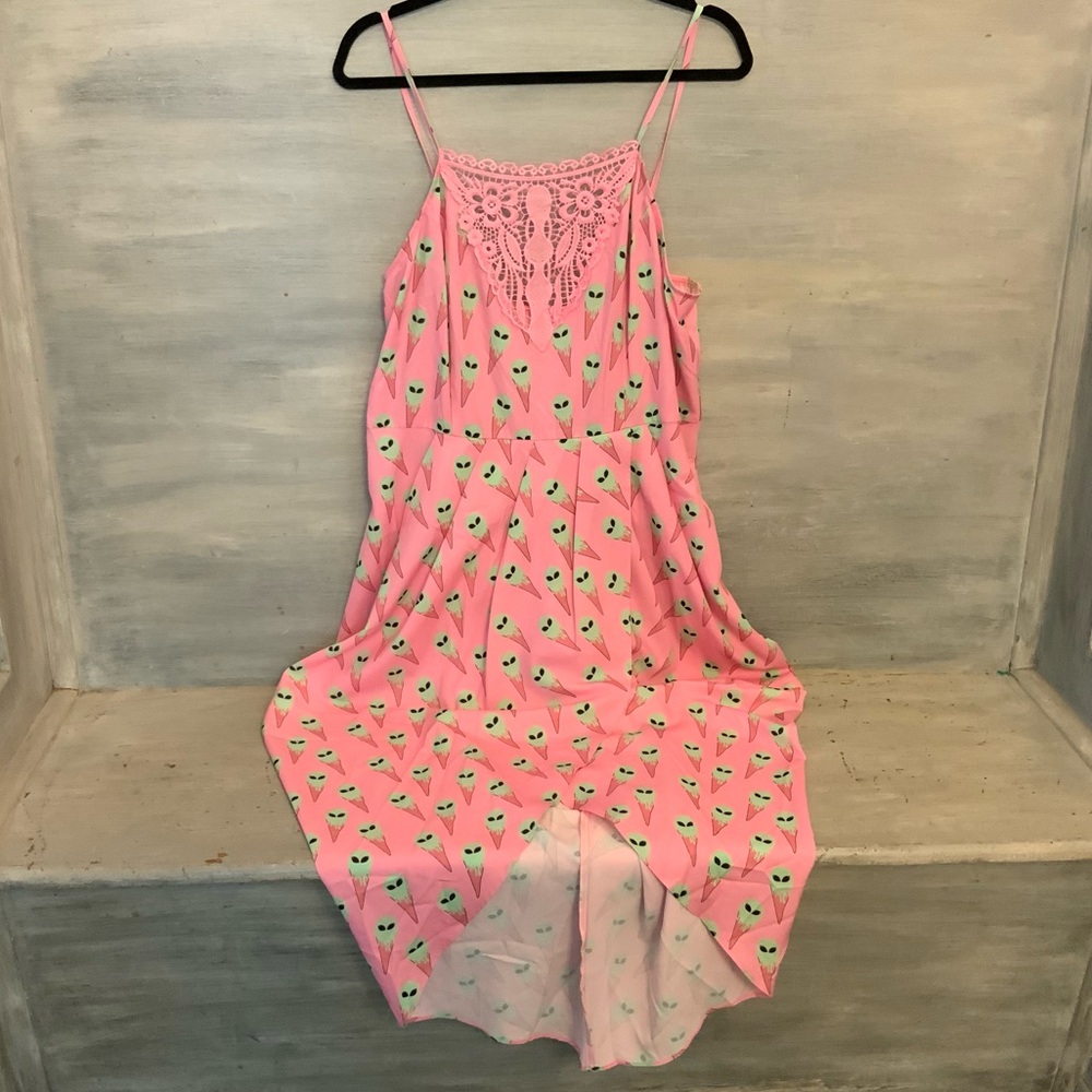 Alien Ice Cream Cone Print Slip Dress Pink Lace Neckline Good Condition